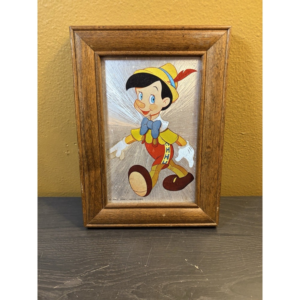 Vintage 1980s Walt Disney Productions Pinocchio Foil Art Print Framed 5x7
